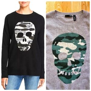 AQUA 100 % Cashmere Camo Skull Sweater Medium Taupe Gray Cabincore Whimsigoth